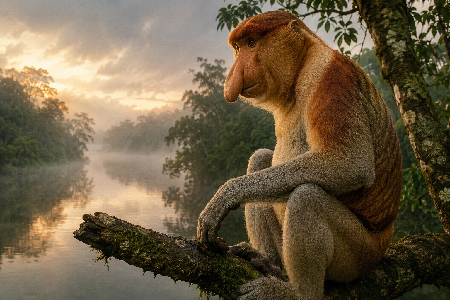 Proboscis monkey above a misty Borneo river